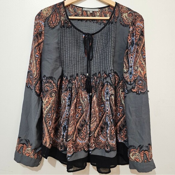 Daniel Rainn - Blouse Ruffle Paisley Print Tassels Flowy - Size S - Gray Orange - Picture 2 of 10